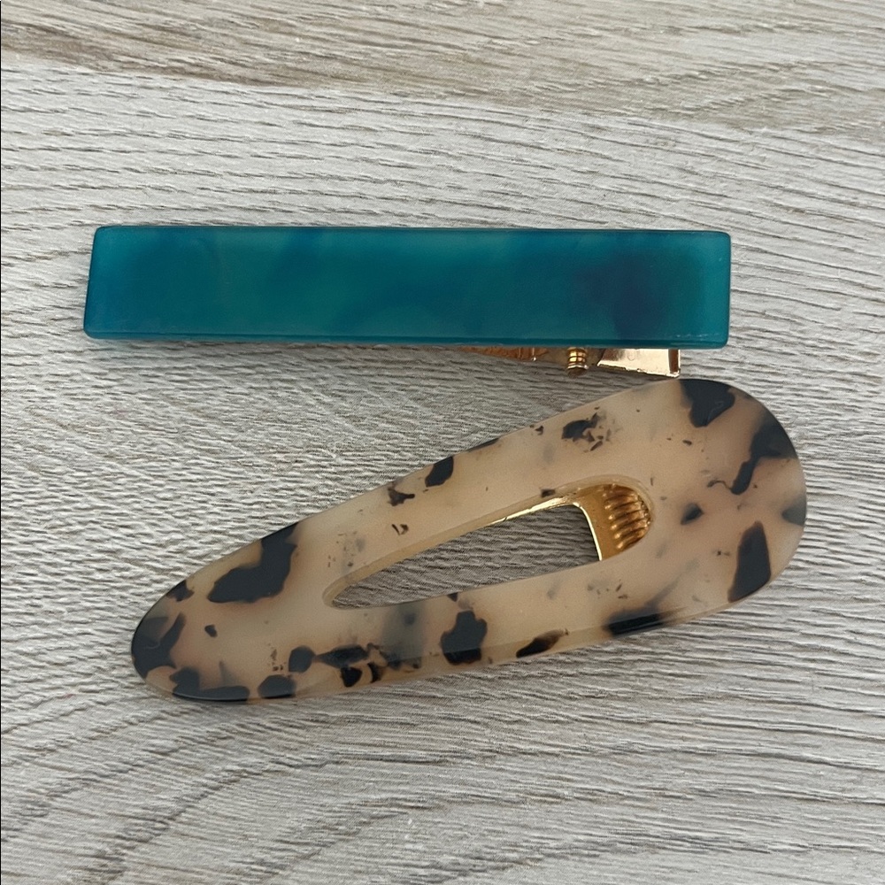 Tortoise Shell and Teal Hair Clip Set